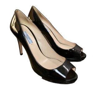 Prada Black Patent Leather Peep Toe Heels
